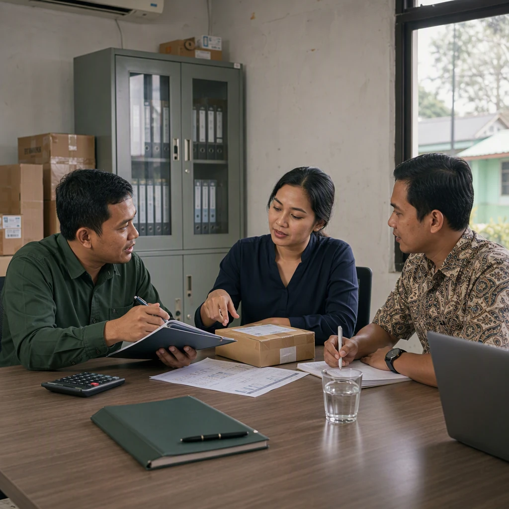 AI-generated Indonesian customer consultation about a shipping proposal; fictional people and workplace