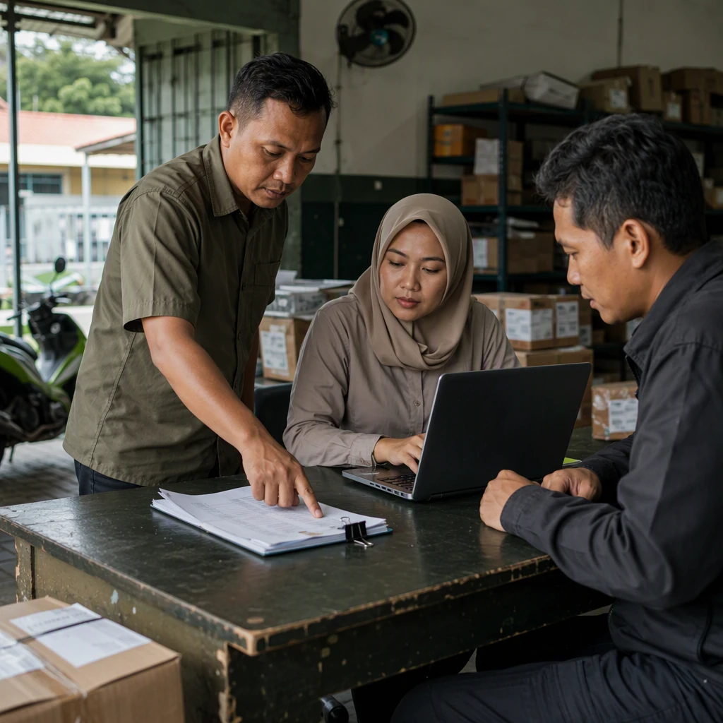 AI-generated Indonesian operations team reviewing dispatch assignments; fictional people and workplace