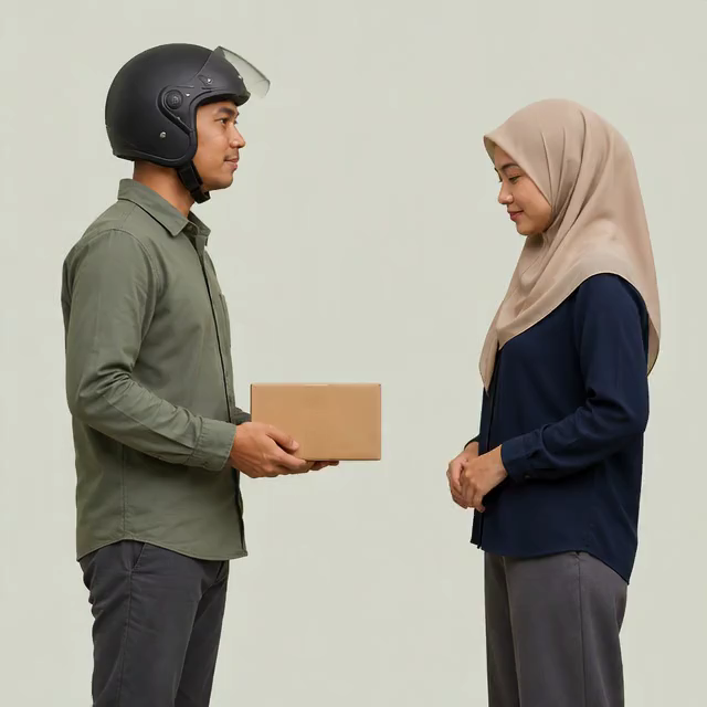 AI-generated Indonesian courier handing a parcel to its recipient; fictional people